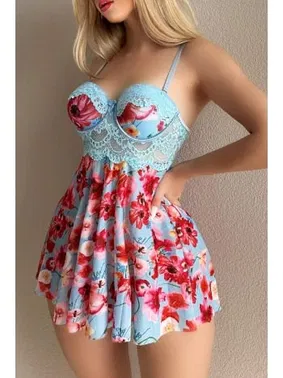 Bella Notte Mavi Rüya Gecesi Çiçekli Askılı Mini Gecelik Bella Notte 15628 - Alternatif Görünüm