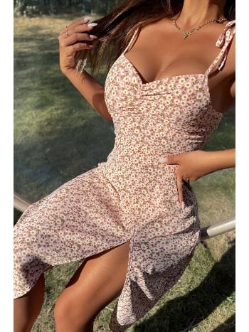 Pembe Bahar Yırtmaçlı Elbise Bella Notte E-5501