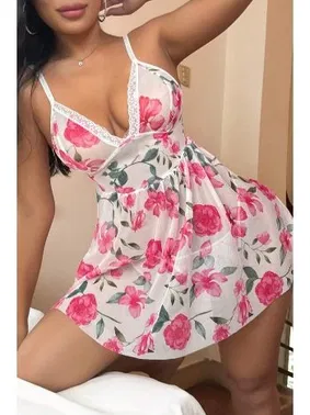 Bella Notte Pembe Çiçek Desenli Dantel Detaylı Bella Notte Gecelik 15706