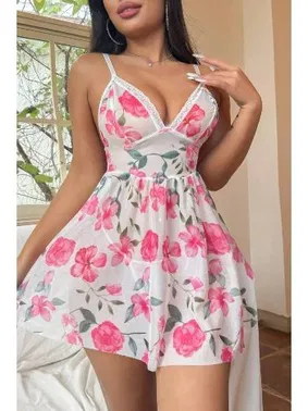 Bella Notte Pembe Çiçek Desenli Dantel Detaylı Bella Notte Gecelik 15706 - Alternatif Görünüm