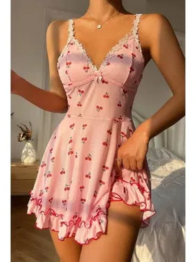 Bella Notte Pembe Kiraz Desenli Askılı Gecelik Bella Notte 15565