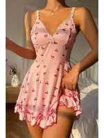 Pembe Kiraz Desenli Askılı Gecelik Bella Notte 15565 Pembe