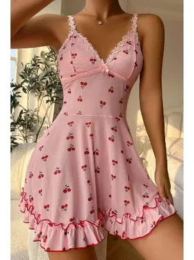 Bella Notte Pembe Kiraz Desenli Askılı Gecelik Bella Notte 15565 - Alternatif Görünüm