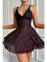 Siyah Kiraz Baskılı Transparan Akılı Gecelik Bella Notte 15901 Siyah