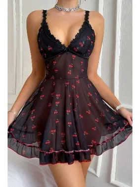 Bella Notte Siyah Kiraz Baskılı Transparan Akılı Gecelik Bella Notte 15901 - Alternatif Görünüm