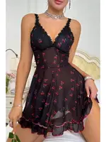 Siyah Kiraz Baskılı Transparan Akılı Gecelik Bella Notte 15901 Siyah görsel 4