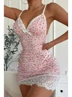 Toz Pembe Çiçek Desenli Mini Fantezi Gecelik Bella Notte 15600 Pembe