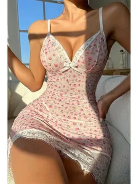 Bella Notte Toz Pembe Çiçek Desenli Mini Fantezi Gecelik Bella Notte 15600 - Alternatif Görünüm