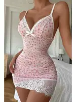 Toz Pembe Çiçek Desenli Mini Fantezi Gecelik Bella Notte 15600 Pembe farklı açı