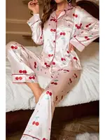 Kiraz Desenli Saten Toz Pembe Pijama Takımı Bella Notte 7065 Pembe