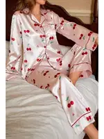 Kiraz Desenli Saten Toz Pembe Pijama Takımı Bella Notte 7065 Pembe detay görünüm