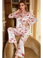 Kiraz Desenli Saten Toz Pembe Pijama Takımı Bella Notte 7065 Pembe farklı açı