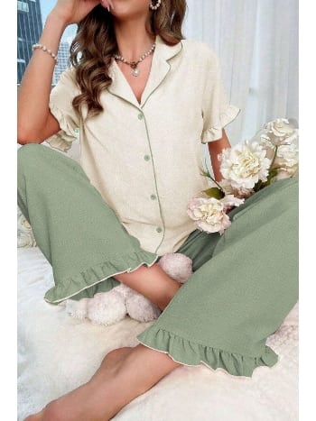 Kruvaze Yaka Fırfırlı Kadın Pijama Takımı Bella Notte 7023