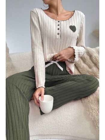 Yeşil Pamuklu Kalp Detaylı Pijama Takımı Bella Notte 7089