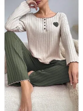 Bella Notte Yeşil Pamuklu Kalp Detaylı Pijama Takımı Bella Notte 7089 - Alternatif Görünüm