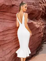 Beyaz Askılı Dekolteli Uzun Seksi Elbise Pink Night 5502 Beyaz detay görünüm
