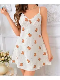 Lily Bianca Beyaz Ayıcıklı Asklı Mini Penye Gecelik Lily Bianca 13003