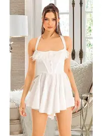 Pink Night Beyaz Boyun Askılı Seksi Mini Elbise Pink Night 3339