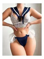 Beyaz Dantelli Fırfırlı Kadın Denizci Kostümü NightLight 3676 Beyaz