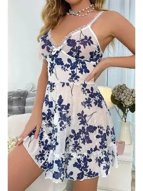 NightLight Beyaz Mavi Çiçek Desenli Tül Fantezi Gecelik Takımı NightLight 3688