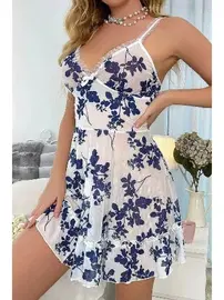 NightLight Beyaz Mavi Çiçek Desenli Tül Fantezi Gecelik Takımı NightLight 3688