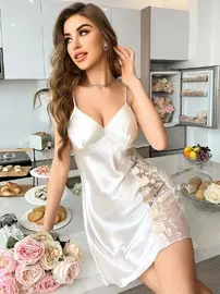 Pink Night Beyaz Saten Dantel Fantezi Gecelik Pink Night 3819