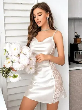 Pink Night Beyaz Saten Yanları Dantel Fantezi Gecelik Pink Night 3818