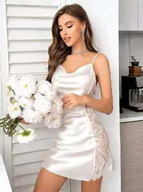 Pink Night Beyaz Saten Yanları Dantel Fantezi Gecelik Pink Night 3818