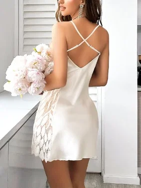 Pink Night Beyaz Saten Yanları Dantel Fantezi Gecelik Pink Night 3818 - Alternatif Görünüm