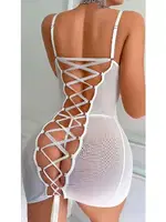 Beyaz Tül Arkası Örgülü Tranparan Gecelik Lily Bianca LB-147 Beyaz