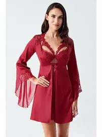 İmaj Bordo 2li Saten Gecelik Takım Tül Dantel Detaylı Transparan İmaj 104