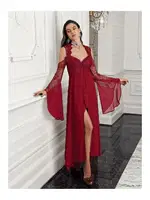 Bordo 2li Saten Gecelik Takımı Transparan Dantel İmaj 3204 Bordo detay görünüm