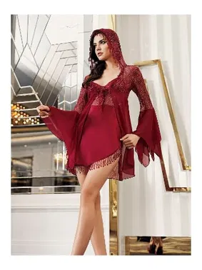 İmaj Bordo 2li Şifon Gecelik Takımı Sırtı Transparan Dantel Kapşon Detaylı İmaj 5201