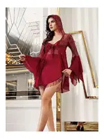 Bordo 2li Şifon Gecelik Takımı Sırtı Transparan Dantel Kapşon Detaylı İmaj 5201 Bordo