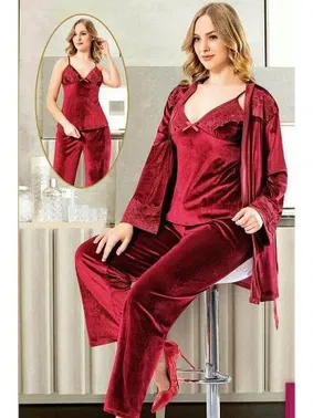 XSES Bordo 3Lü Kadife Sabahlık Pijama Takımı XSES 5100
