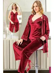 XSES Bordo 3Lü Kadife Sabahlık Pijama Takımı XSES 5100