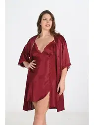 Ahu Lingerie Bordo Büyük Beden 2li Sabahlık Gecelik Takımı Bigsize Ahu 6202