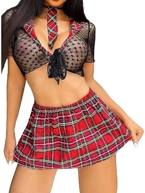 Real Passione Bordo Ekose Transparan Seksi Fantezi Erotik Kadın Kostüm Real Passione 20068 - Alternatif Görünüm