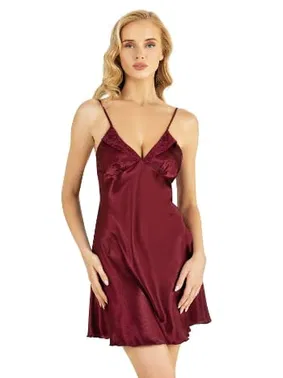 Ahu Lingerie Bordo İnce Askılı Kısa Saten Gecelik Ahu Primoda 8201