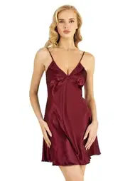 Ahu Lingerie Bordo İnce Askılı Kısa Saten Gecelik Ahu Primoda 8201