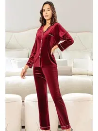 XSES Bordo Kadife Gömlek Yaka Düğmeli Lohusa Pijama Takımı XSES 5500
