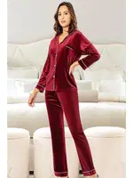 Bordo Kadife Gömlek Yaka Düğmeli Lohusa Pijama Takımı XSES 5500 Bordo