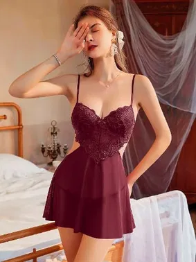 Pink Night Bordo Kalp Tasarım Dantelli Transparan Erotik Gecelik Pink Night 3857 - Alternatif Görünüm