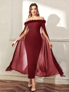 Pink Night Bordo Peluş Degajeli Pelerinli Seksi Uzun Elbise Pink Night 5546