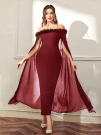 Pink Night Bordo Peluş Degajeli Pelerinli Seksi Uzun Elbise Pink Night 5546