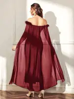 Bordo Peluş Degajeli Pelerinli Seksi Uzun Elbise Pink Night 5546 Bordo detay görünüm