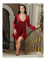 Bordo Saten Gecelik Takımı Göğüs Sırt Dantel Güpür kristal Taş Detaylı 2 Parça İmaj 4207 Bordo