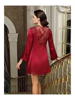 Bordo Saten Gecelik Takımı Göğüs Sırt Dantel Güpür kristal Taş Detaylı 2 Parça İmaj 4207 Bordo detay görünüm