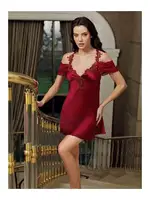 Bordo Saten Gecelik Takımı Göğüs Sırt Dantel Güpür kristal Taş Detaylı 2 Parça İmaj 4207 Bordo farklı açı