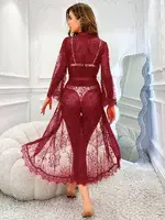 Bordo Tam Dantelli Uzun Sabahlık Pink Night 1322 Bordo